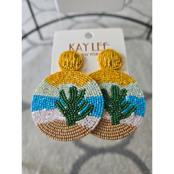 Kay Lee Yellow Beaded Circle Earrings New - Picture 3 of 4